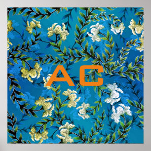 Moderne Monogram Blue Floral Chic Poster