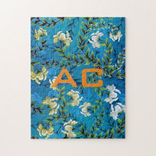 Moderne Monogram Blue Floral Chic Puzzle