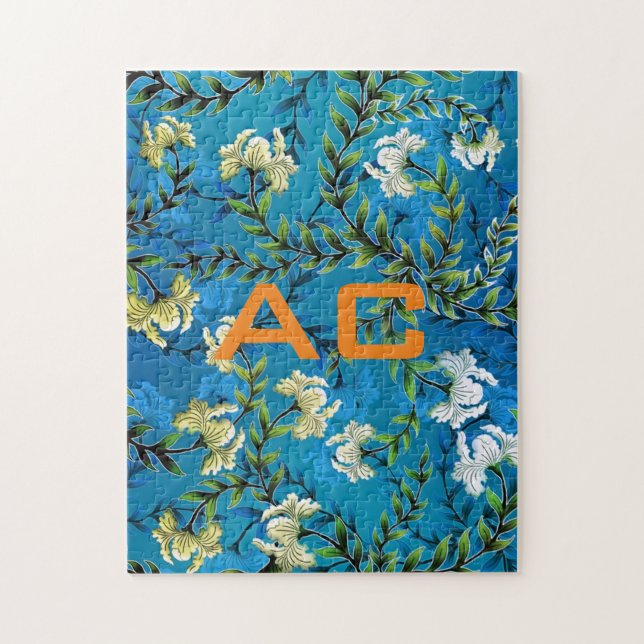 Moderne Monogram Blue Floral Chic Puzzle (Vertikal)