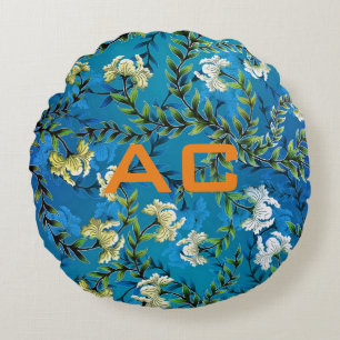 Moderne Monogram Blue Floral Chic Rundes Kissen