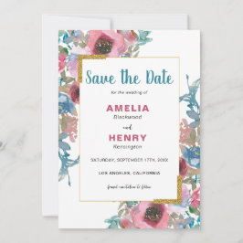 Moderne Monogram Blue & Pink Floral Wedding Save The Date