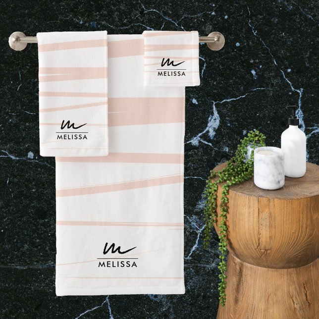 Moderne Monogram Blush Pink Lines Abstrakt Art Badhandtuch Set (Modern Monogram Blush Pink Lines Abstract Art Bath Towel Set)
