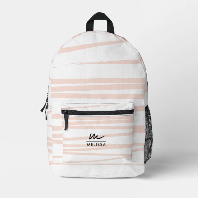 Moderne Monogram Blush Pink Lines Abstrakt Art Bedruckter Rucksack (Vorderseite)
