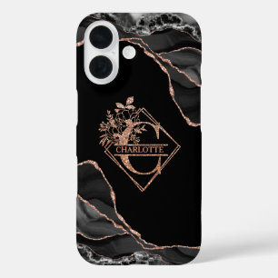 Moderne Monogram C Black Agate Marble Rose Gold iPhone 16 Hülle