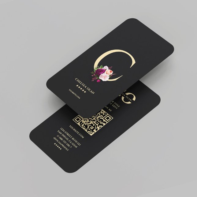 Moderne Monogram C Elegante Black Gold Floral Visitenkarte (Modern Monogram C Elegant Black Gold Floral Business Card
)