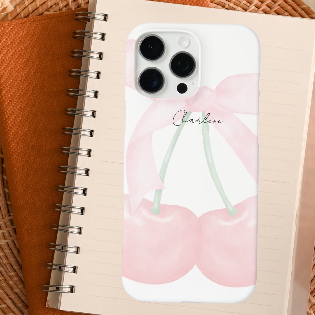 Moderne Monogram Chic Cherries Pink Bow Case-Mate iPhone Hülle (Von Creator hochgeladen)
