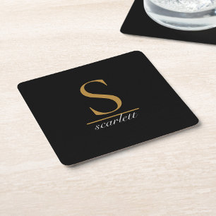 Moderne Monogram Classic Black Gold Script Name Rechteckiger Pappuntersetzer