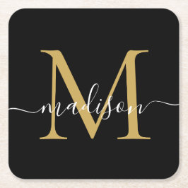 Moderne Monogram Classic Black Gold Script Name Rechteckiger Pappuntersetzer