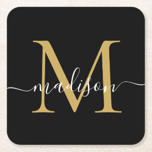 Moderne Monogram Classic Black Gold Script Name Rechteckiger Pappuntersetzer