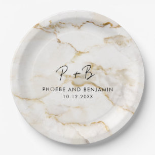 Moderne Monogram Custom Gold Marmorhochzeit Pappteller