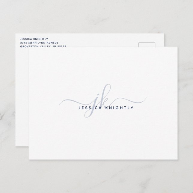 Moderne Monogram Elegant Script Initials Navy Blue Postkarte (Vorne/Hinten)