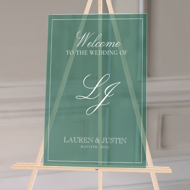 Moderne Monogram Emerald Green Script Willkommen Acrylschild (Wedding Welcome Sign!)
