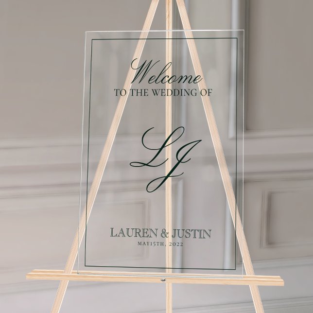 Moderne Monogram Emerald Green Script Willkommen Acrylschild (Wedding Welcome Sign!)