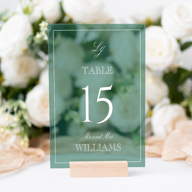 Moderne Monogram Emerald Green Wedding Tischnummer Acrylschild (Wedding Table Number!
)