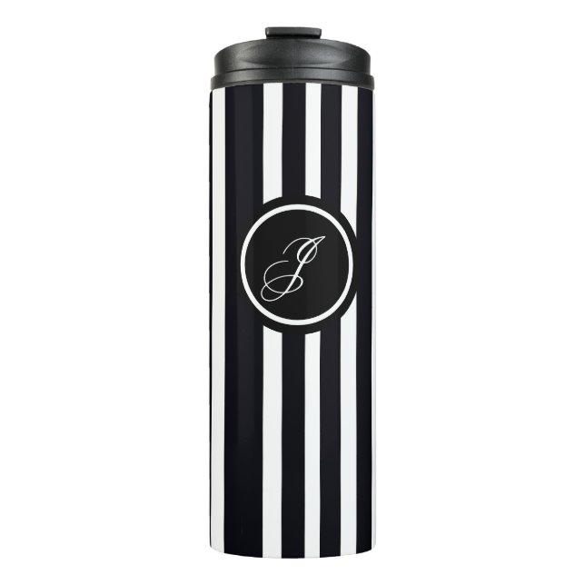 Moderne Monogram, erste Schwarz-Weiß Stripte Kunst Thermosbecher (Vorderseite)