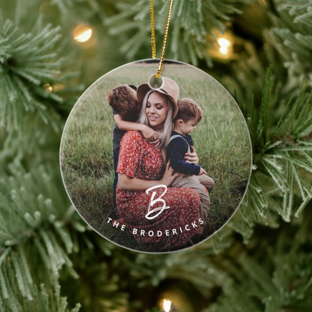 Moderne Monogram Family Foto Holiday Weihnachten Keramik Ornament (Baum)