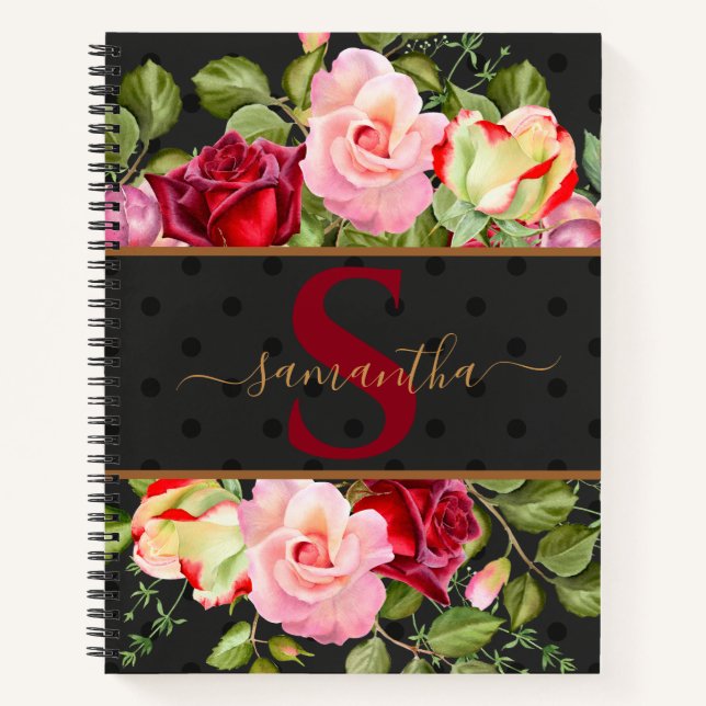 Moderne Monogram Floral Rose & Black Polka Dot Notizbuch (Vorderseite)
