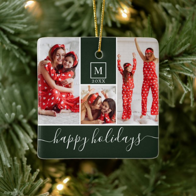 Moderne Monogram Foto Collage Happy Holiday Green Keramikornament (Baum)