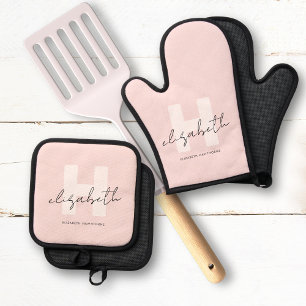Moderne Monogram Girly Script Blush Pink Initial Ofenhandschuh & Topflappen-Set