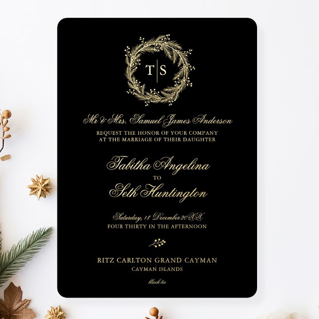 Moderne Monogram Gold Black Wedding Folieneinladung (Von Creator hochgeladen)