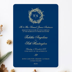 Moderne Monogram Gold Blue Wedding Folieneinladung