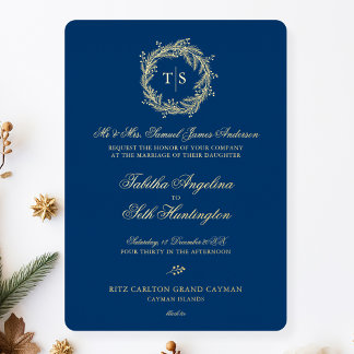 Moderne Monogram Gold Blue Wedding Folieneinladung