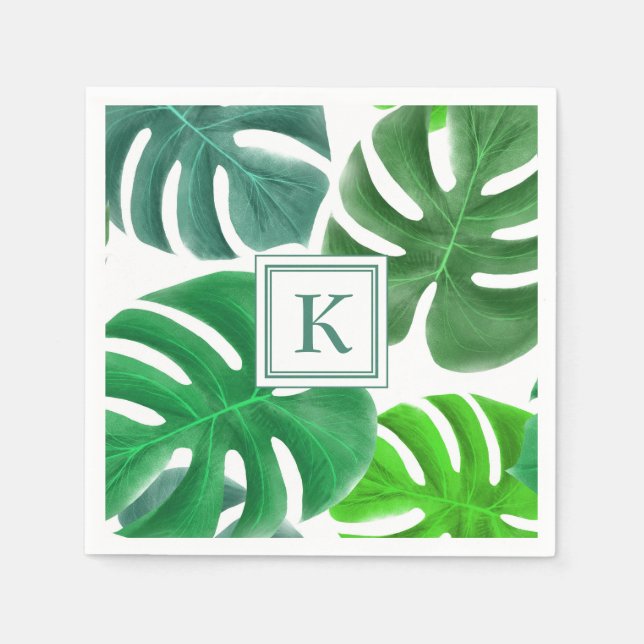 Moderne Monogram Green Botanical Palm Blätter Serviette (Vorderseite)