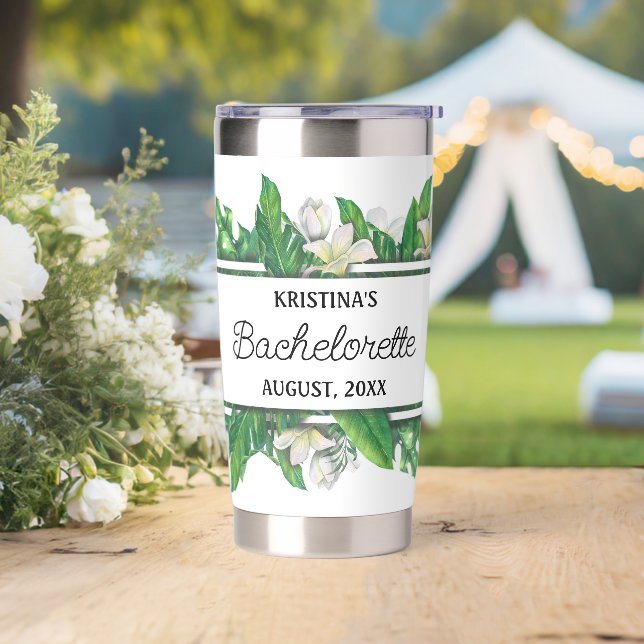Moderne Monogram Green Leaf Frame Bachelorette Thermobecher (Hochzeit)