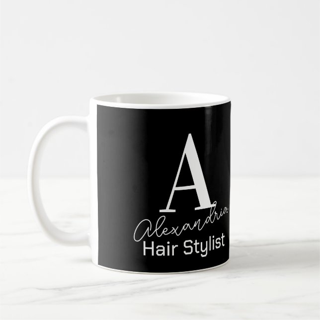 Moderne Monogram Haar Stylist Schwarz/Weiß Kaffeetasse (Links)