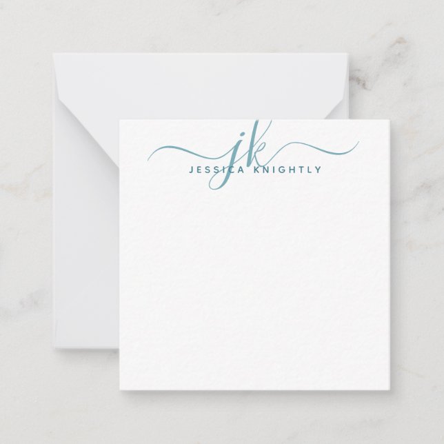 Moderne Monogram Initials Aquamarin Script Minimal Mitteilungskarte (Vorderseite)