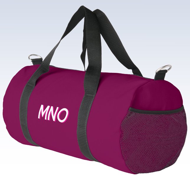 Moderne Monogram Initials Dark Pink Burgundy Duffle Bag (Modern drop shadow monogram initials duffel bag in dark cherry pink)