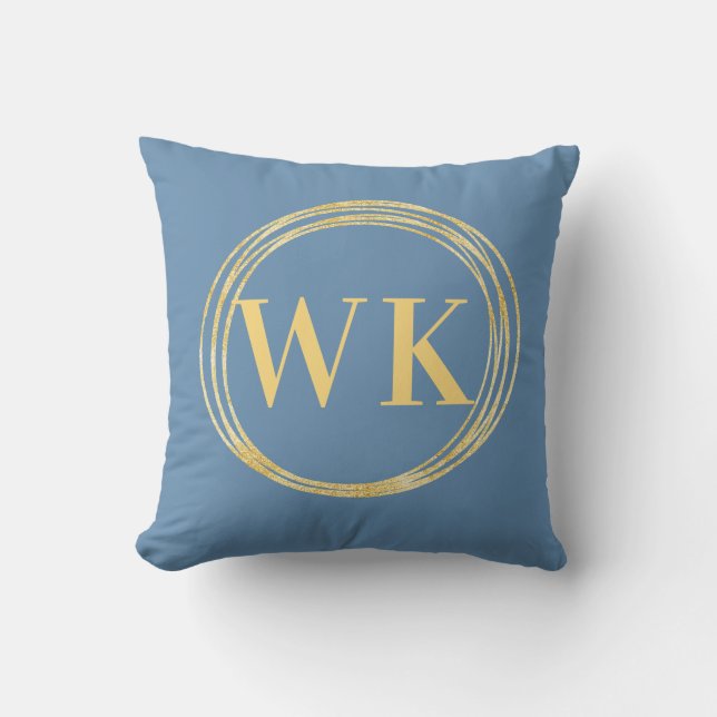 Moderne Monogram-Initials Dusty Blue Gold Circles Kissen (Vorderseite)