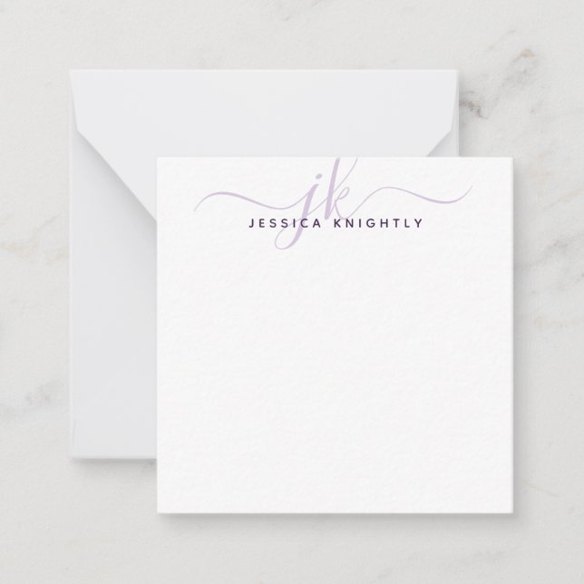 Moderne Monogram Initials Lila Script Minimalistis Mitteilungskarte (Vorderseite)