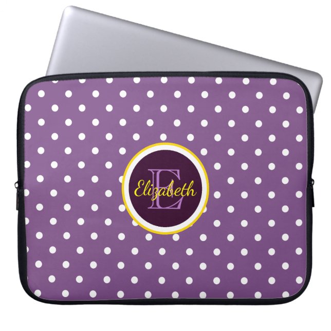 Moderne Monogram Lila Polka Dots Laptopschutzhülle (Vorderseite)