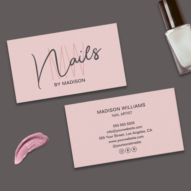 Moderne Monogram Logo Rosa Nagelkünstler Visitenkarte (Modern Monogram Logo Blush Pink Nail Artist Business Card)