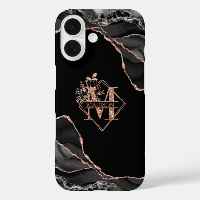 Moderne Monogram M Black Agate Marble Rose Gold Case-Mate iPhone Hülle (Rückseite)