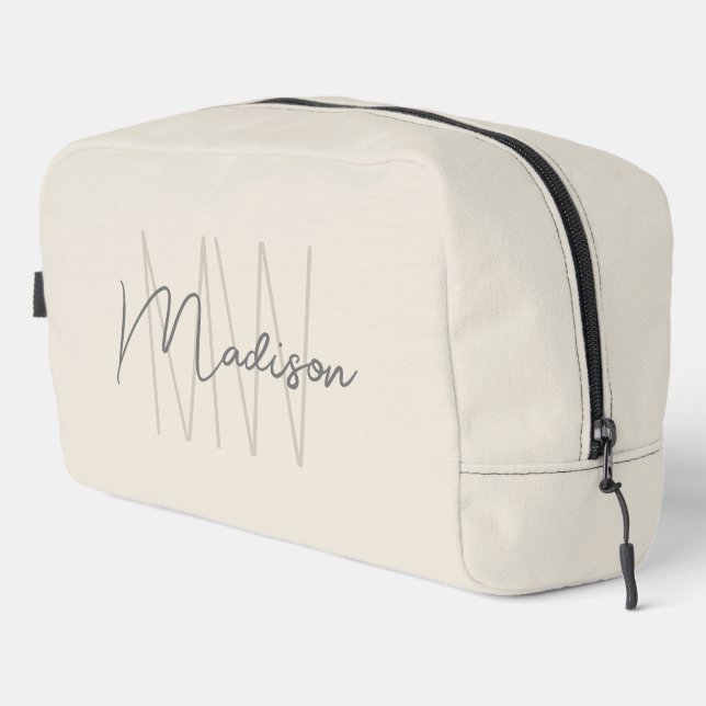 Moderne Monogram Name Script Creme Waschbeutel (Rechte Ecke)