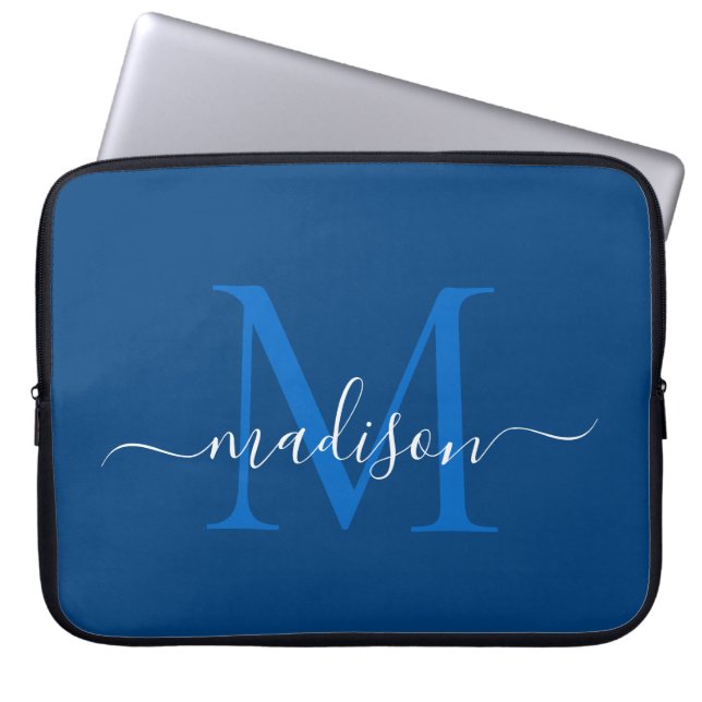 Moderne Monogram Navy Blue Elegante Chic Script Na Laptopschutzhülle (Vorderseite)