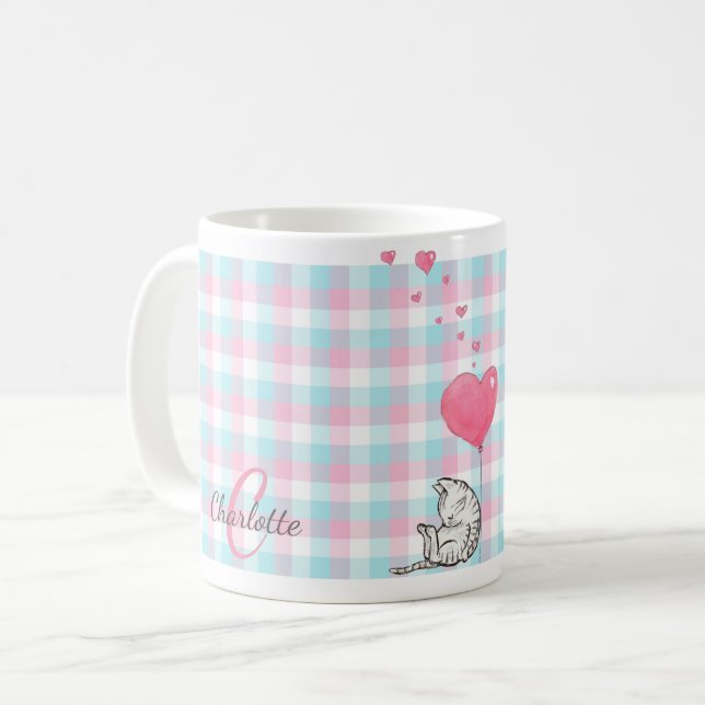 Moderne Monogram Pink Blue Sleepy Cat Kaffeetasse (Vorderseite Links)