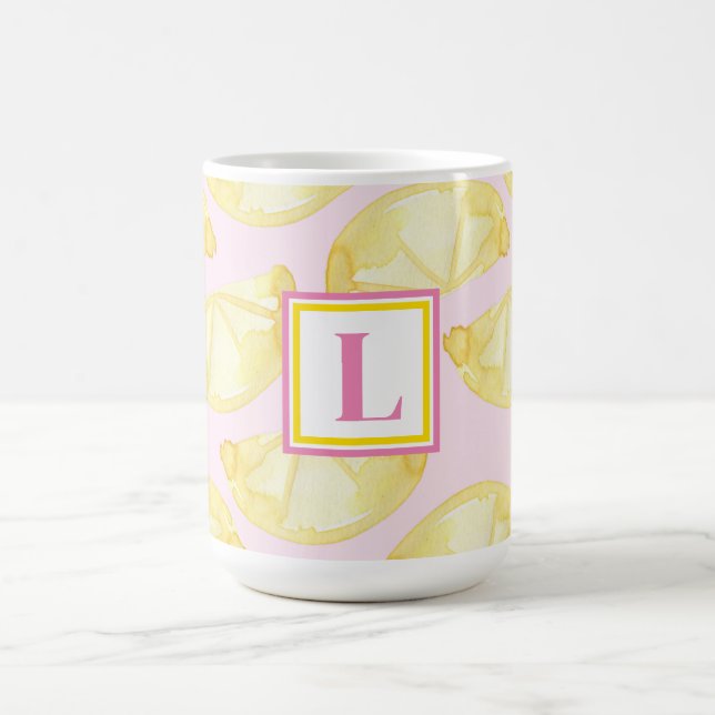 Moderne Monogram Pink Yellow Lemon Print Coffee Ta Kaffeetasse (Mittel)
