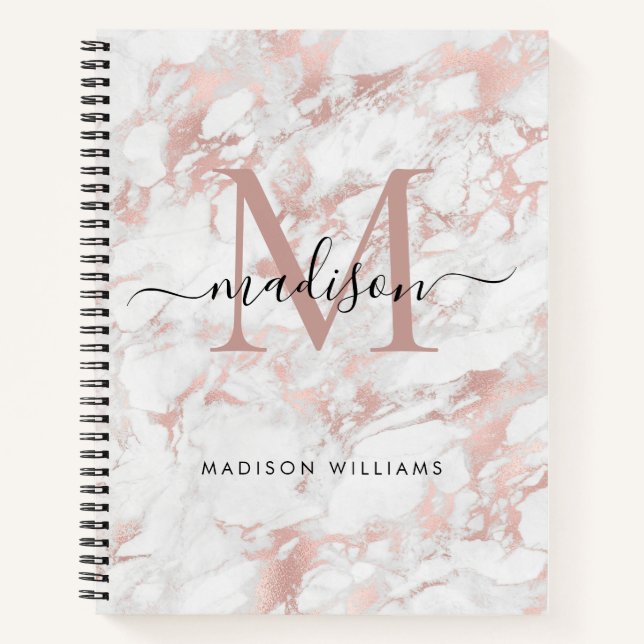 Moderne Monogram Rose Gold Blush Pink Marmorfolie Notizbuch (Vorderseite)
