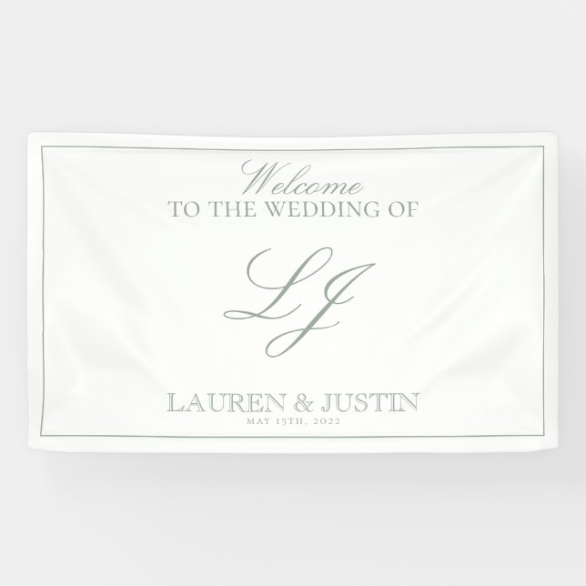 Moderne Monogram Script Classic Sage Green Willkom Banner (Horizontal)