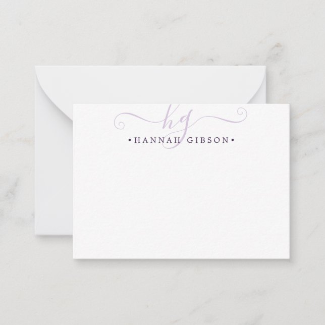 Moderne Monogram Script Initials Lila Mitteilungskarte (Vorderseite)