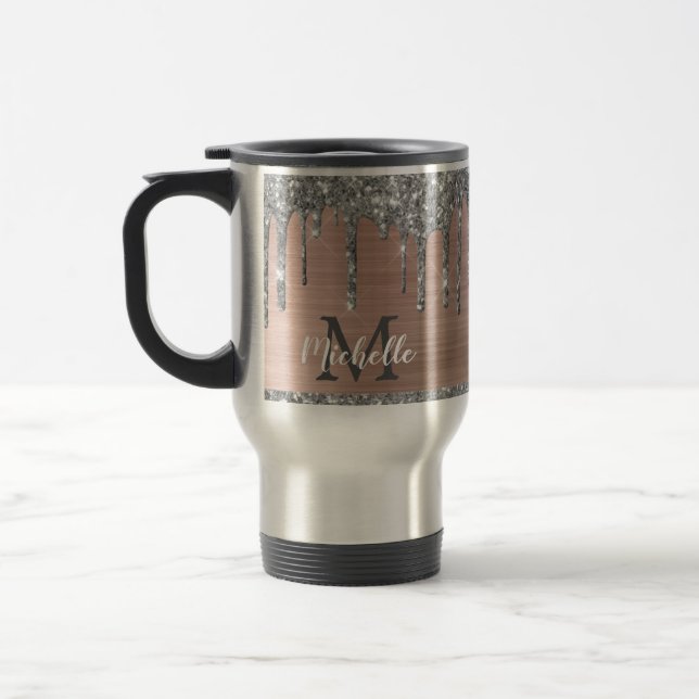 Moderne Monogram Silver Glitzer Tropfen auf rosa M Reisebecher (Links)