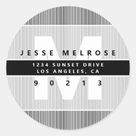 Moderne Monogram & Stripes B&W Grau Rücksendeadres Runder Aufkleber