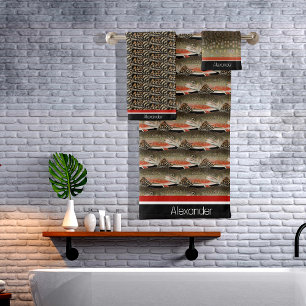 Moderne Monogram Trout Fish Design Schwarz-weiße R Badhandtuch Set