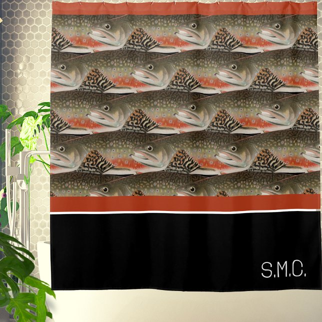 Moderne Monogram Trout Fish Design Schwarz-weiße R Duschvorhang (Von Creator hochgeladen)