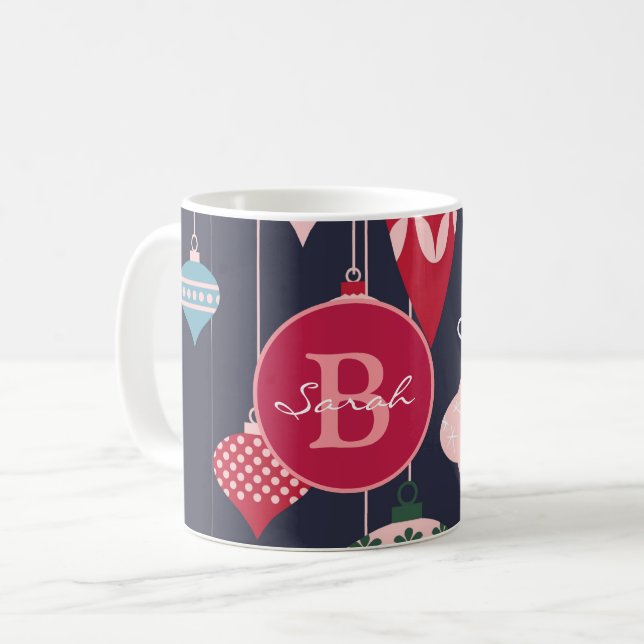 Moderne Monogram Weihnachtsschmuck Dunkelblau Kaffeetasse (Vorderseite Links)