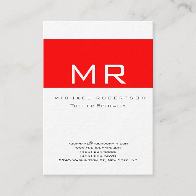 Moderne Monogram White Red Clean Business Card Visitenkarte (Vorderseite)