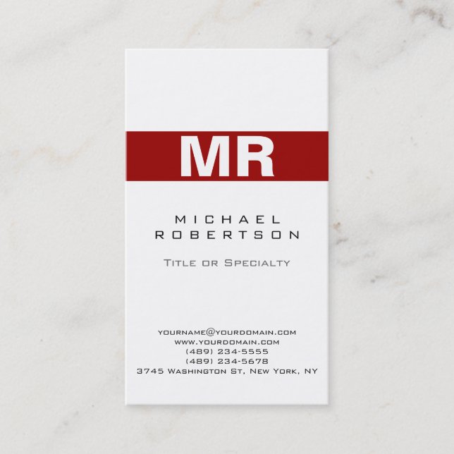 Moderne Monogram White Red Clean Business Card Visitenkarte (Vorderseite)